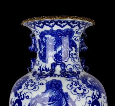 43CM Kangxi Signed Old Chinese Blue and White Vase w/lion N3907