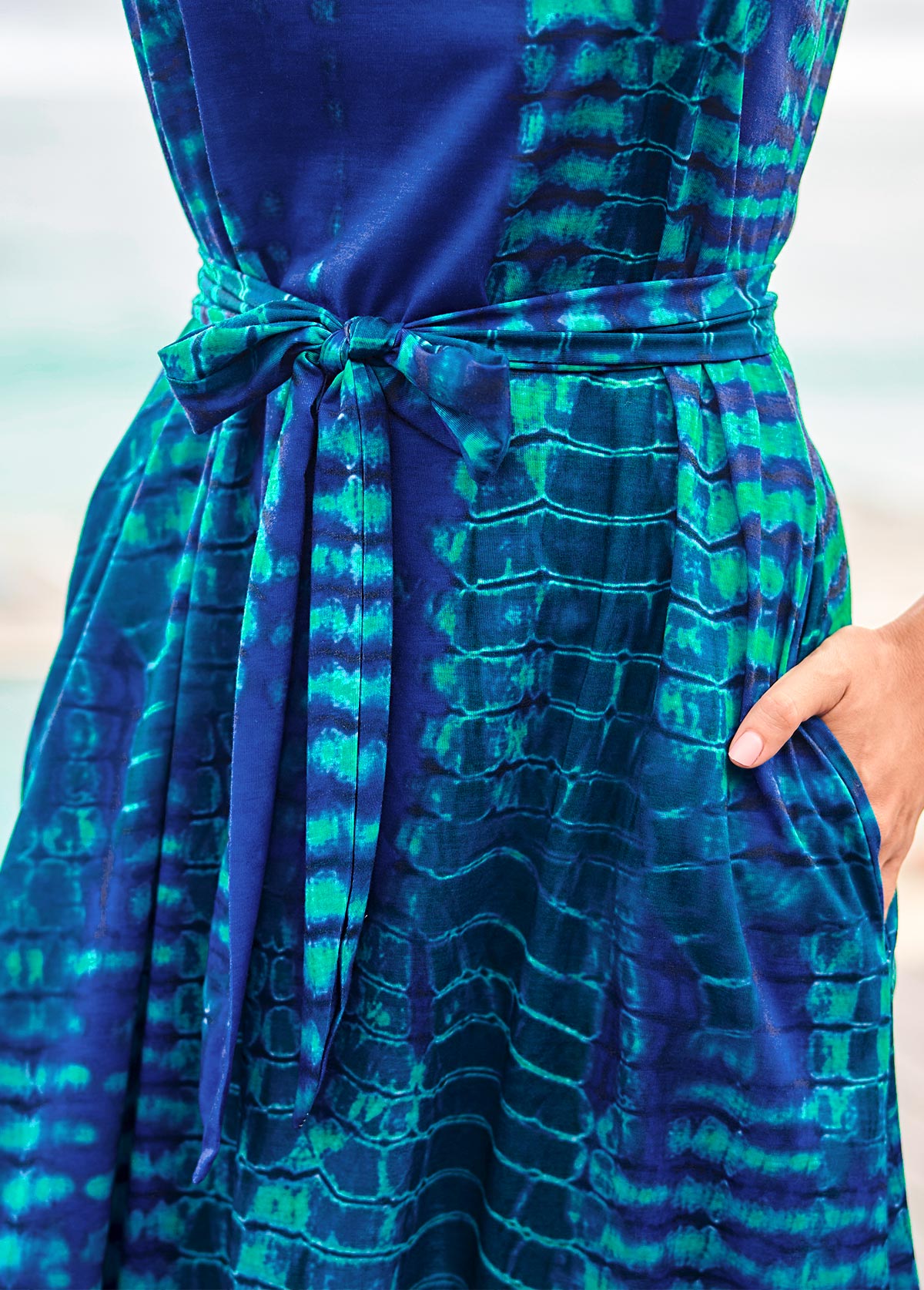 Tie Dye Print Sleeveless Belted Green Dress