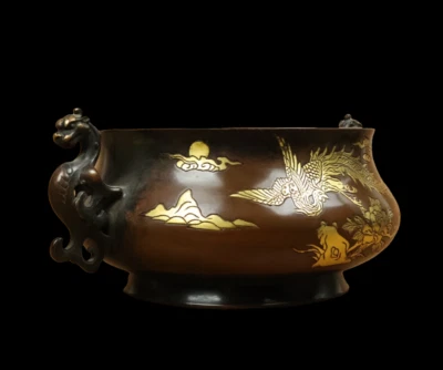 Zhengde Signed Old Chinese Red Copper Handmade Incense Burner w/phoenix N3806