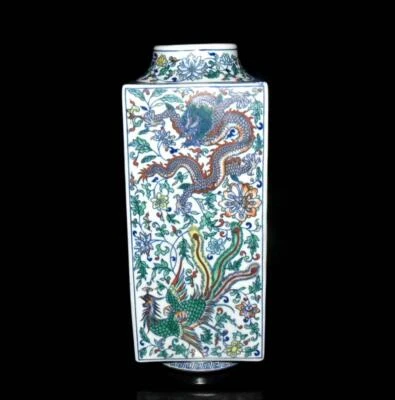 36CM Kangxi Signed Old Chinese Doucai Vase W/dragon N3049