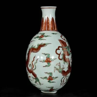 30CM Xuande Signed Old Chinese Green Red Color Vase W/dragon N3133
