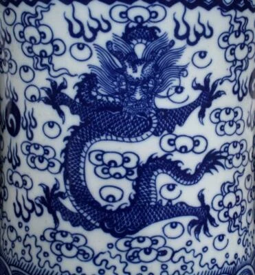 Kangxi Signed Old Chinese Blue and White Porcelain Brush Pot w/dragon
