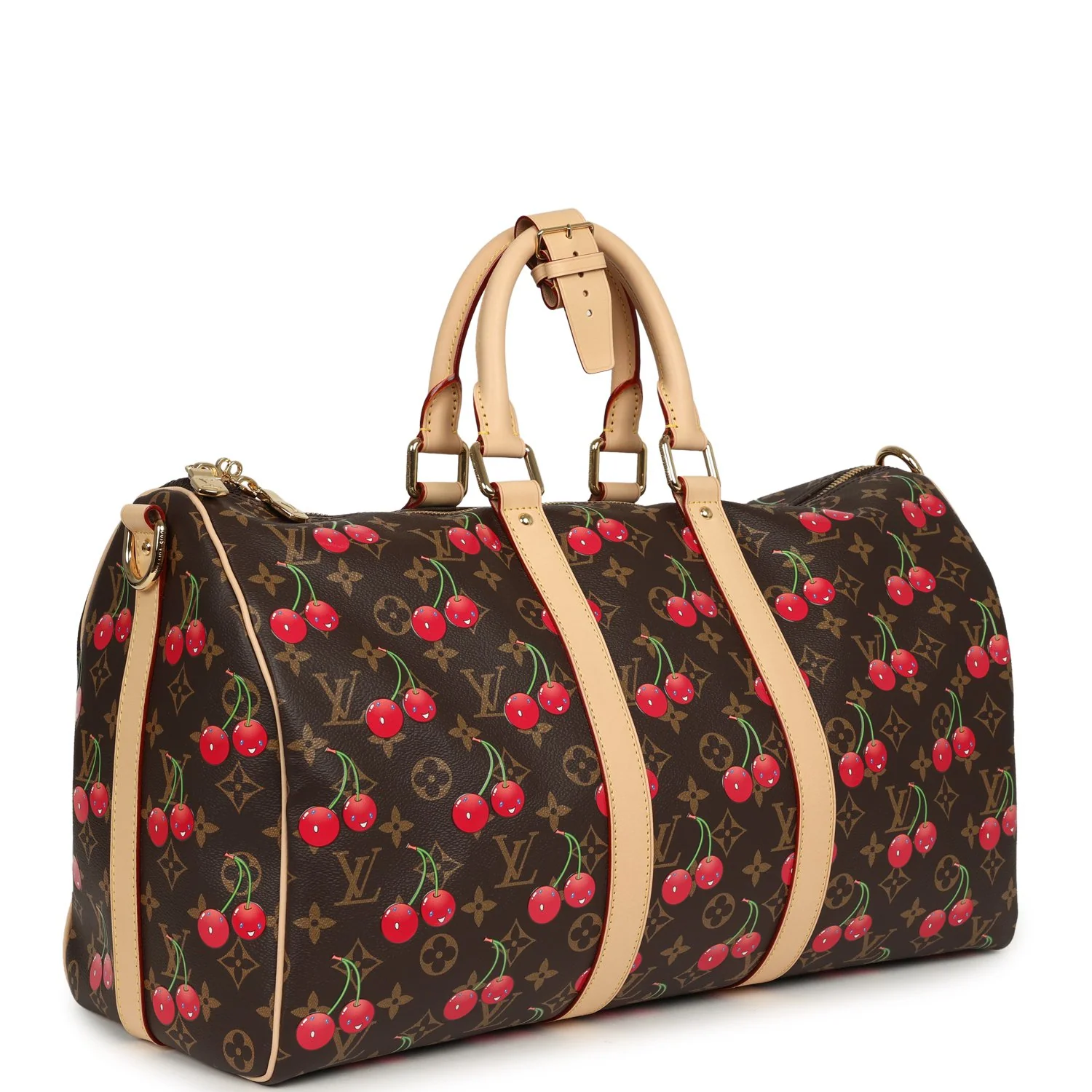 LOUIS VUITTON × Takashi Murakami Cerises Keepall Bandoulière 45 Red, Brown Monogram Cherry Gold Hardware