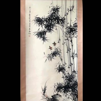 Qi Gong Signed Chinese Hand Painted Calligraphy Scroll w/bamboo N1947