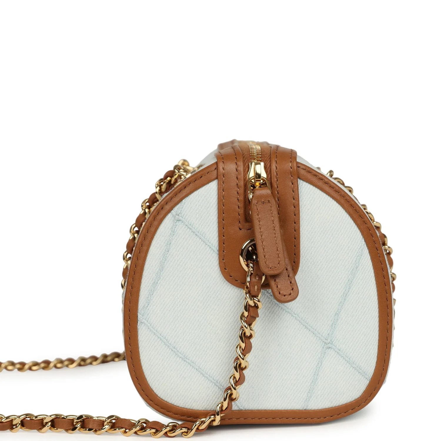 Chanel Coco Beach Mini Timeless Classic Barrel Bag with Chain Light Blue Denim and Brown Calfskin Gold Hardware