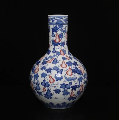 34CM Yongzheng Old Signed Antique Chinese Blue & White Porcelain Vase w/gourd