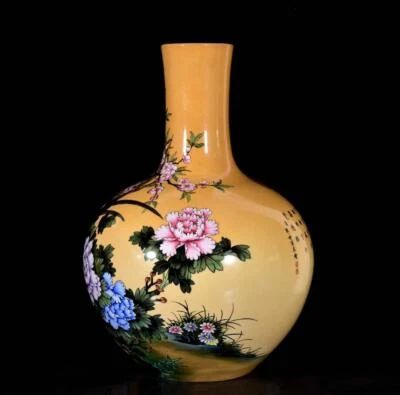 54CM Qianlong Signed Old Chinese Colour Enamel Vase W/bird N3402