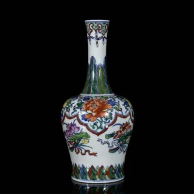 Pair Yongzheng Signed Old Chinese Doucai Vase W/ flower N3325