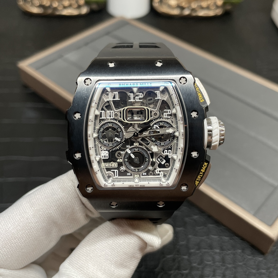 【7A Quality】Richard Mille RM 11-03 Replica Black Ceramic Case with Black Rubber Strap | Skeleton Dial Watch For Men