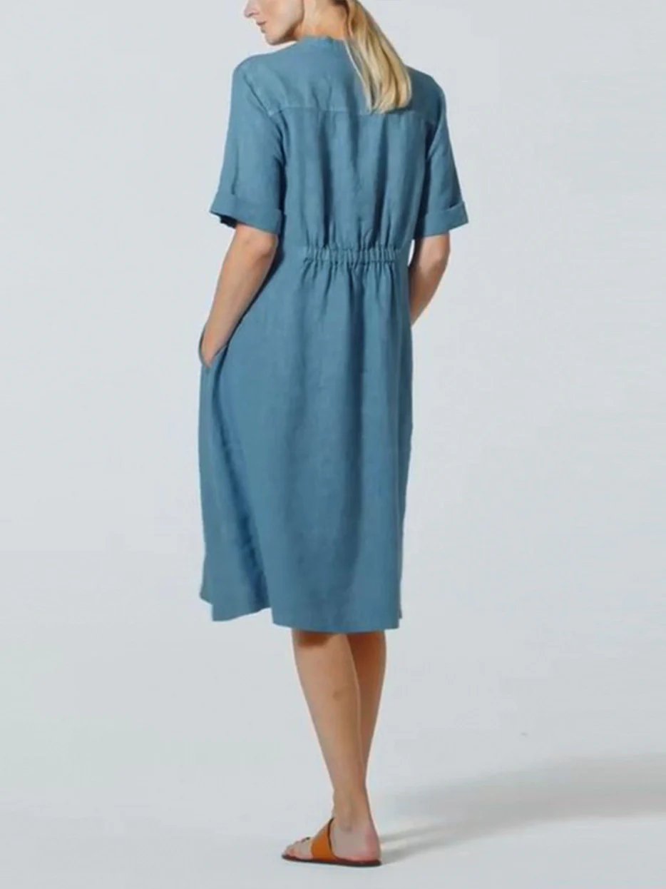 Cotton-Linen V-neck Elastic Waistband Dress