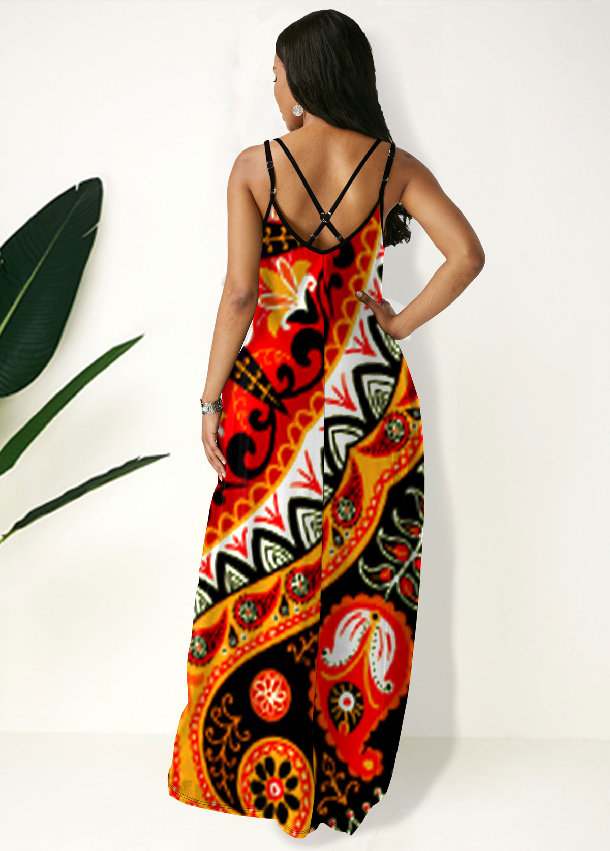 Side Pocket Tribal Print Spaghetti Strap Maxi Dress