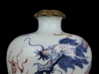 26CM Kangxi Signed Old Chinese Blue&White Underglaze Red Vase w/dragon N3934