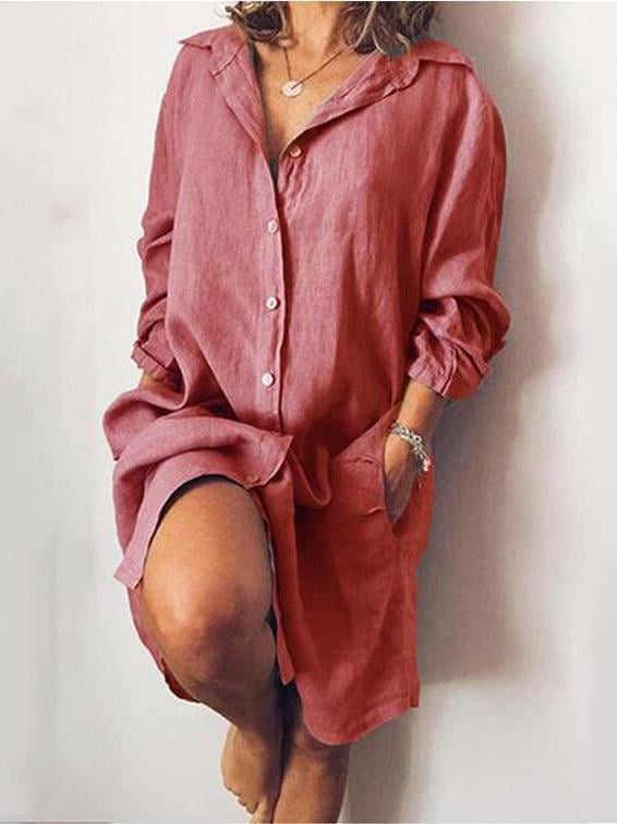 Women casual pocket long sleeve long shirts dress