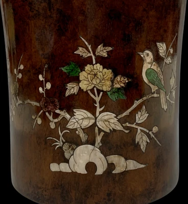 Old Chinese Wood Brush Pot Inlay With Flower N4272