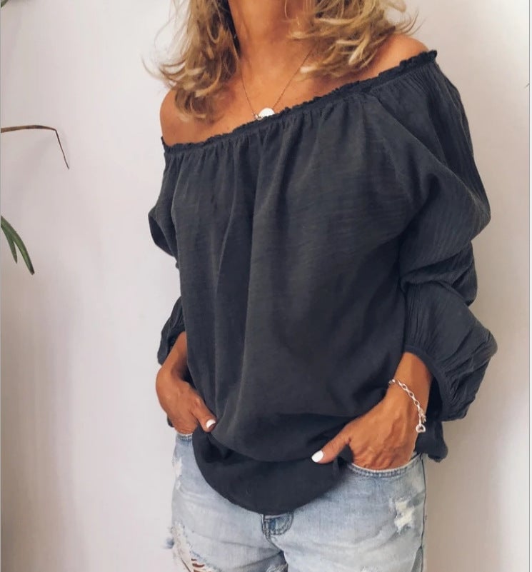 Elastic pleated cotton and linen long-sleeved Off shoulder shirt