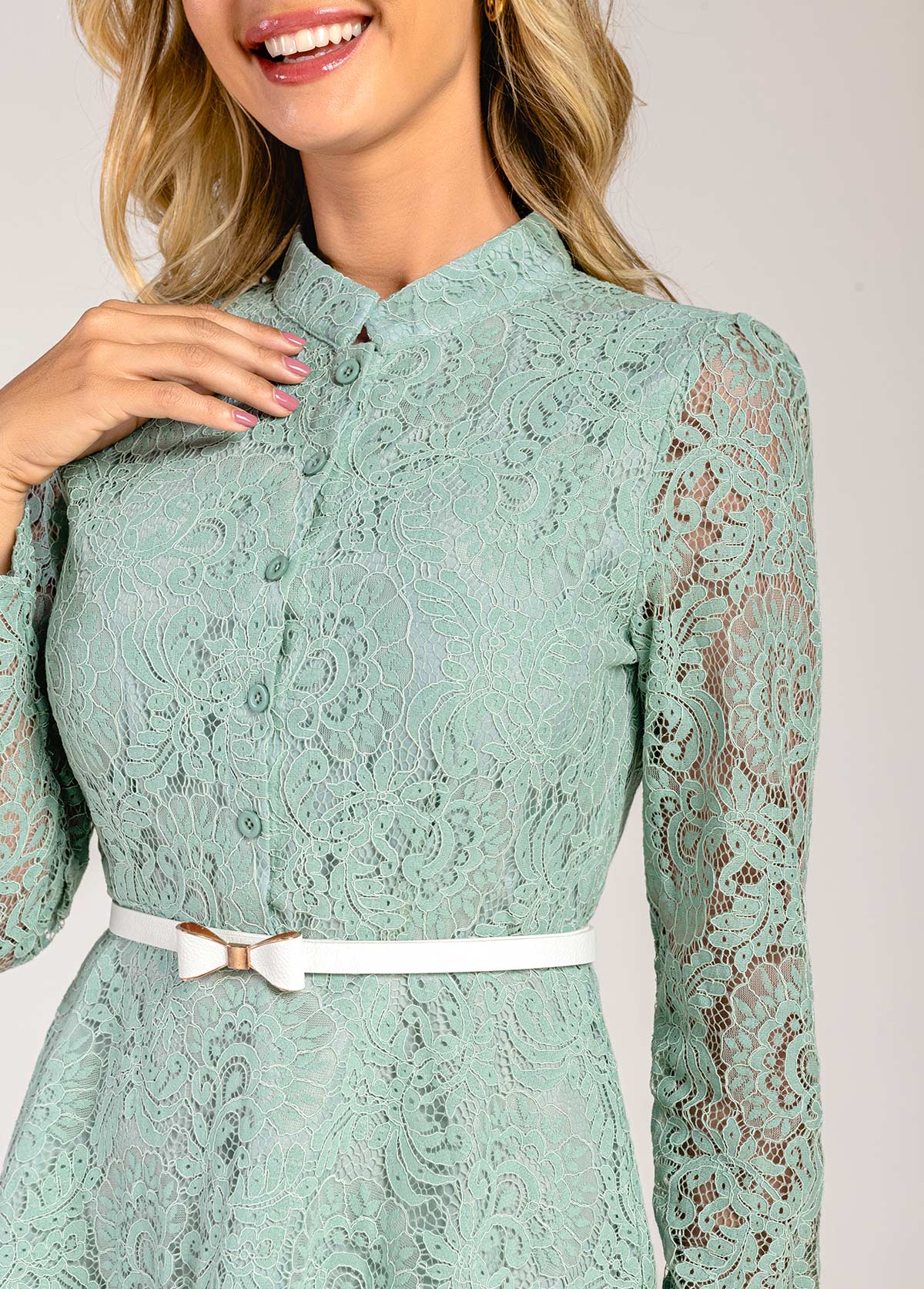 Bowknot Belted Lace Trim Mock Neck Sage Green Dress