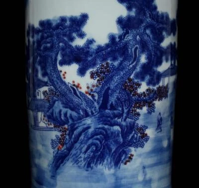 30CM Yongzheng Signed Old Chinese Blue and White Porcelain Brush Pot w/landscape