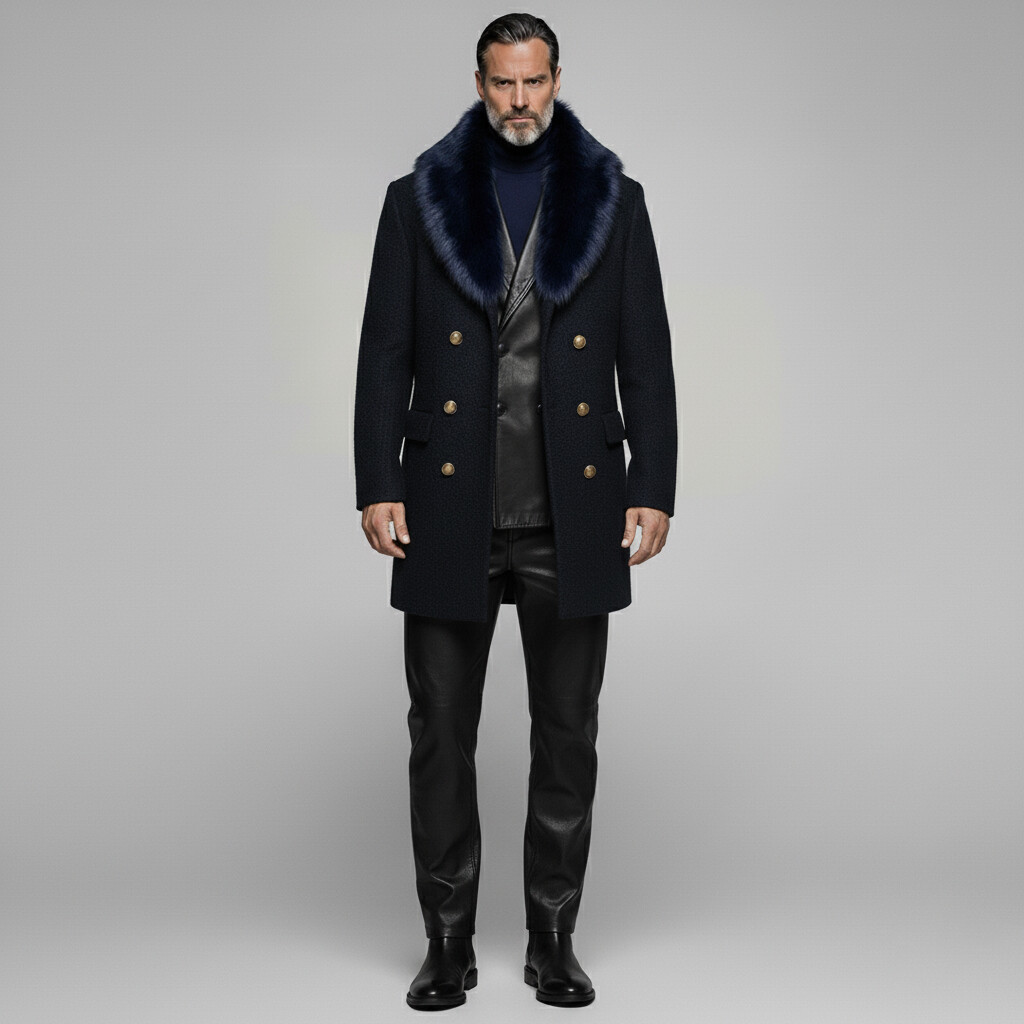 Men's Business Black Furry Collar Long Sleeve Double Breasted Mid-Length Overcoat