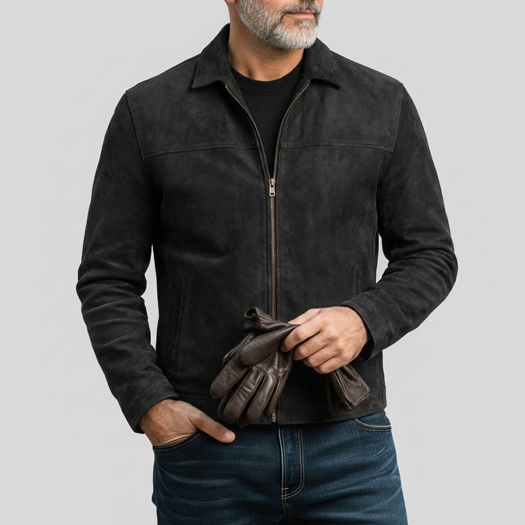 Men's Retro Distressed Suede Shirt Collar Zipper Pocket Long Sleeve Jackets