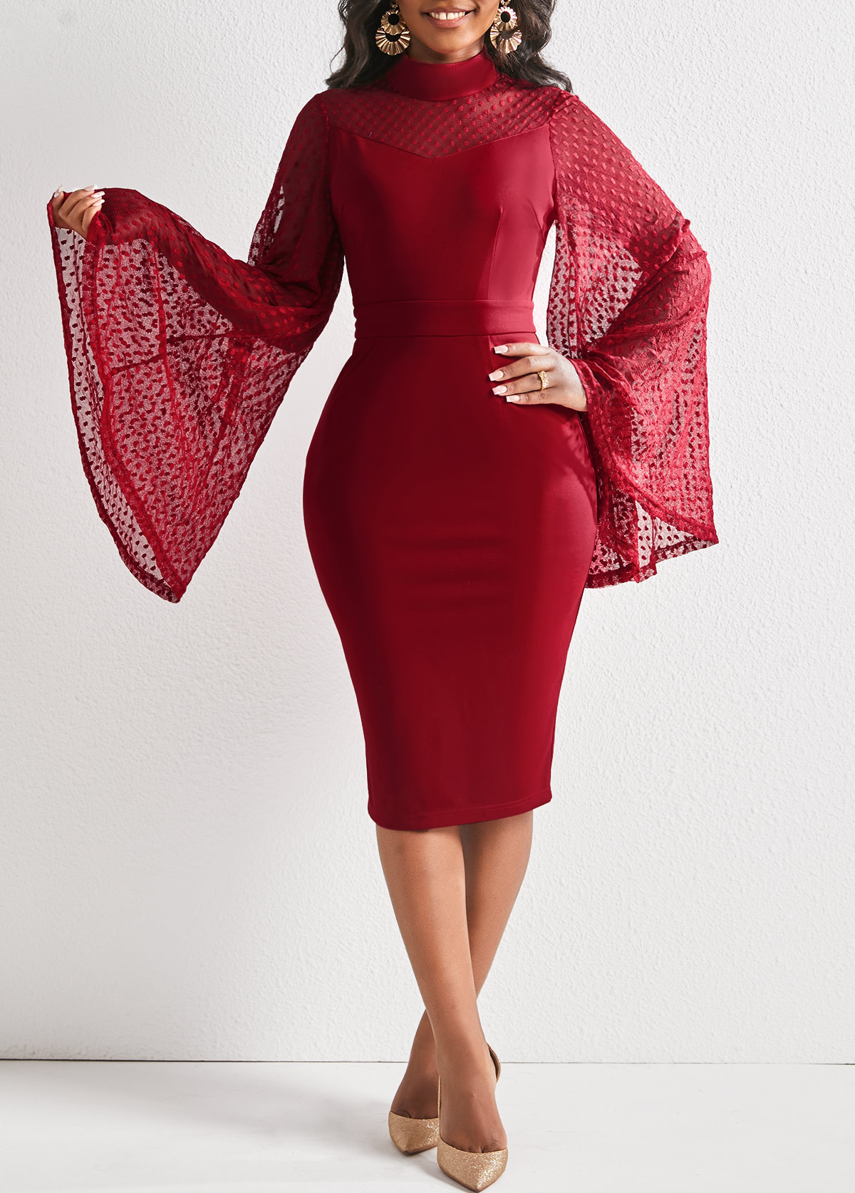 Wine Red Long Sleeve Sheath Dress
