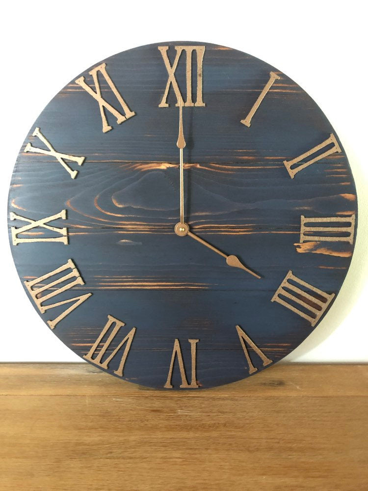 14′′ Rustic Blue Clock with Copper numbers and a silent mechanism