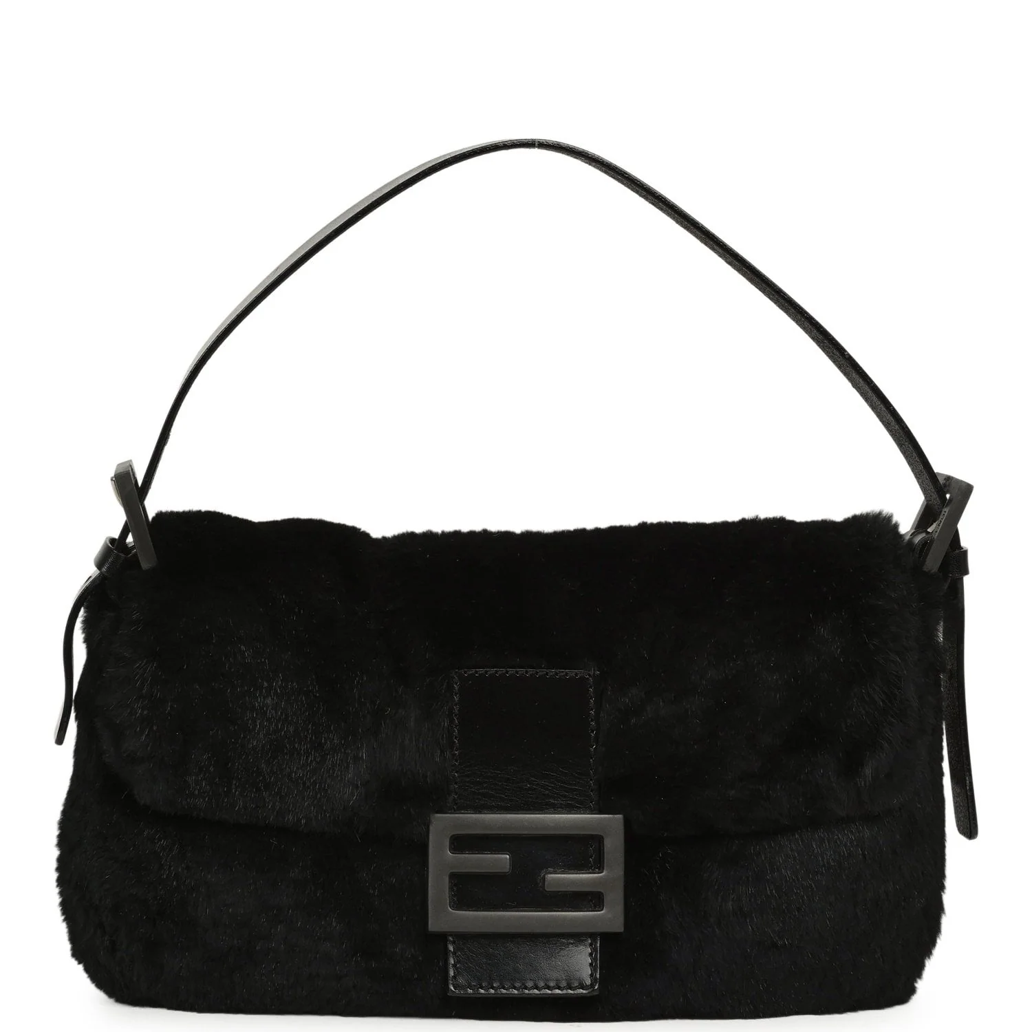 FENDI Baguette Bag Black Rabbit Fur Silver Hardware