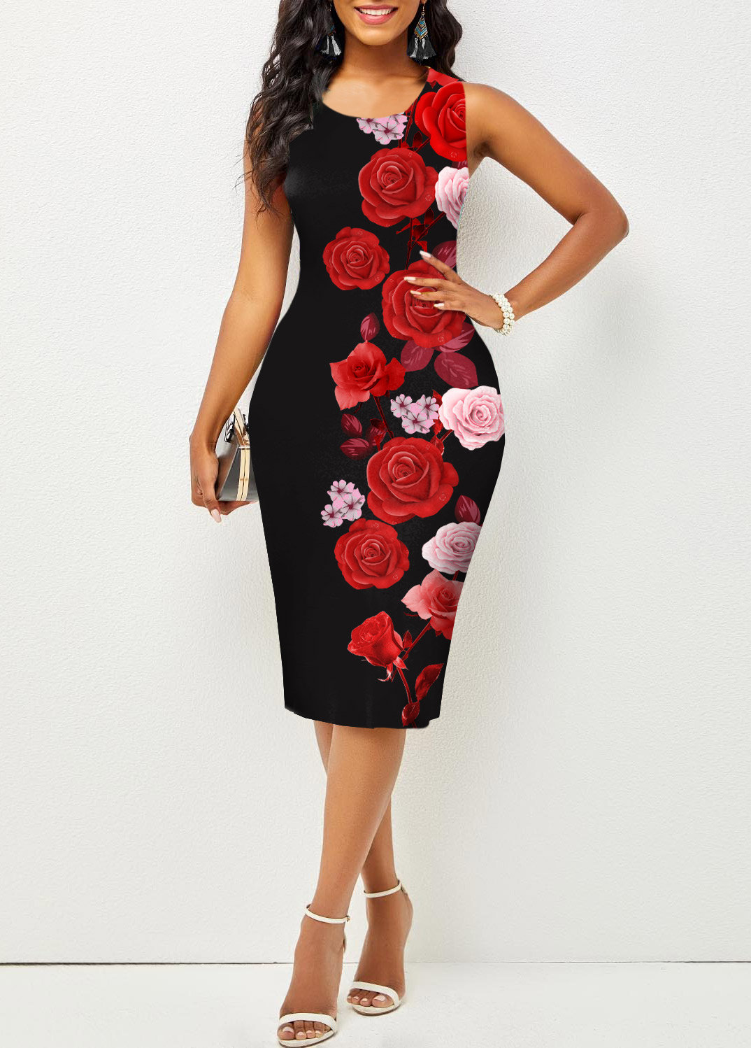 Contrast Printed Sleeveless Round Neck Bodycon Dress
