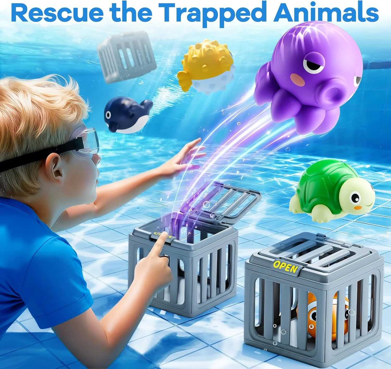 Kids Pool Diving Toys, Water Swimming Dive Pool Game, Toddler Bath Toy Play Set W/ Fish Box Floating Animals