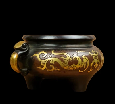 Xuande Signed Old Chinese Red Copper Handmade Incense Burner w/dragon N3788