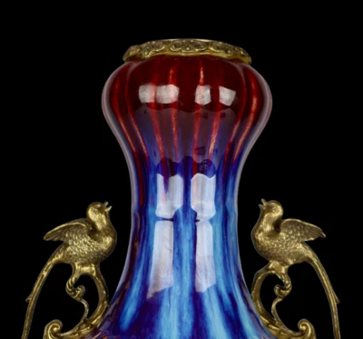 45CM Yongzheng Signed Old Chinese Jun Kiln Yaobian Glaze Vase w/bird N3890