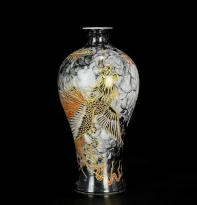 Pair Qianlong Signed Old Chinese Ink Color Gilding Vase W/phoenix N744