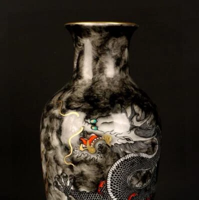 Qianlong Signed Old Chinese Ink Color Vase W/dragon N1417