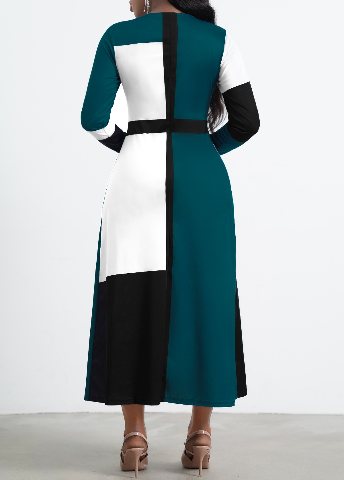 Green Contrast Long Sleeve Round Neck Dress