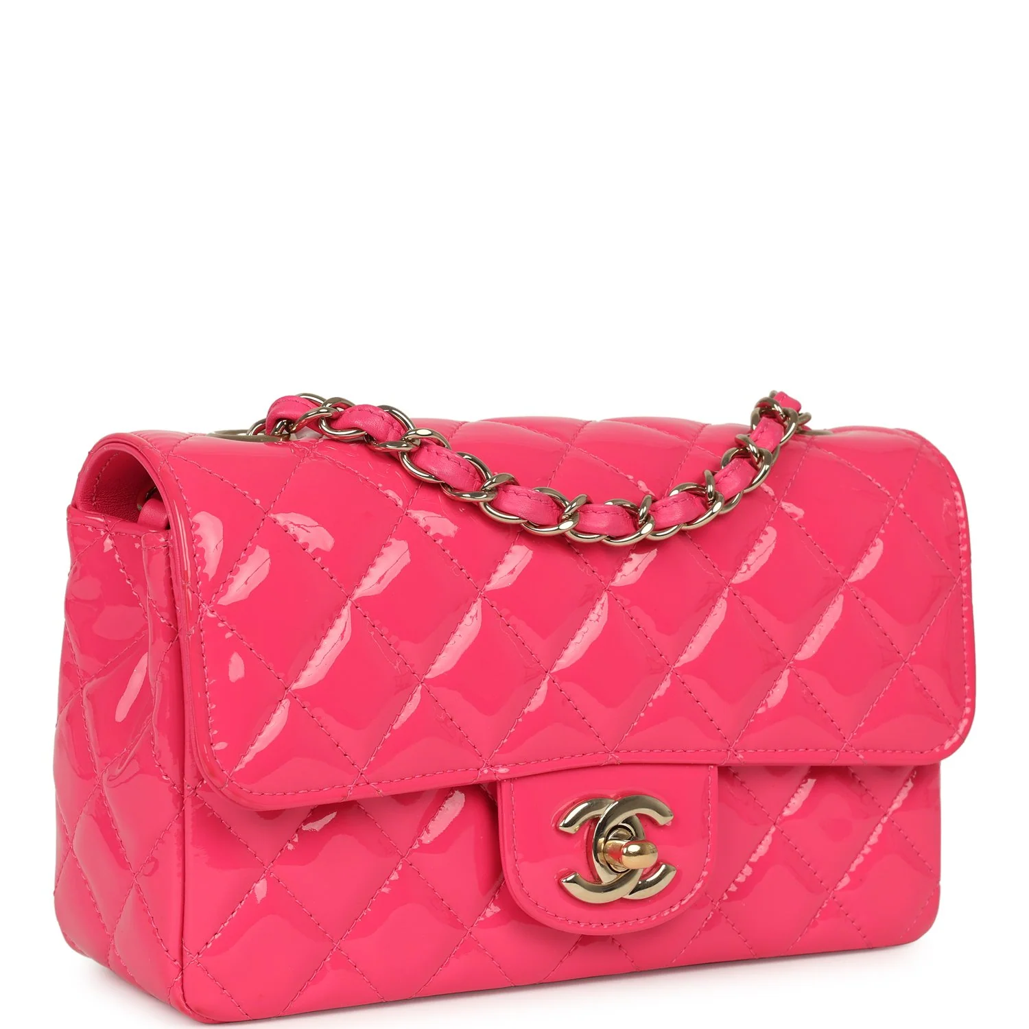 CHANEL Mini Classic Rectangular Flap Bag Hot Pink Patent Gold Hardware
