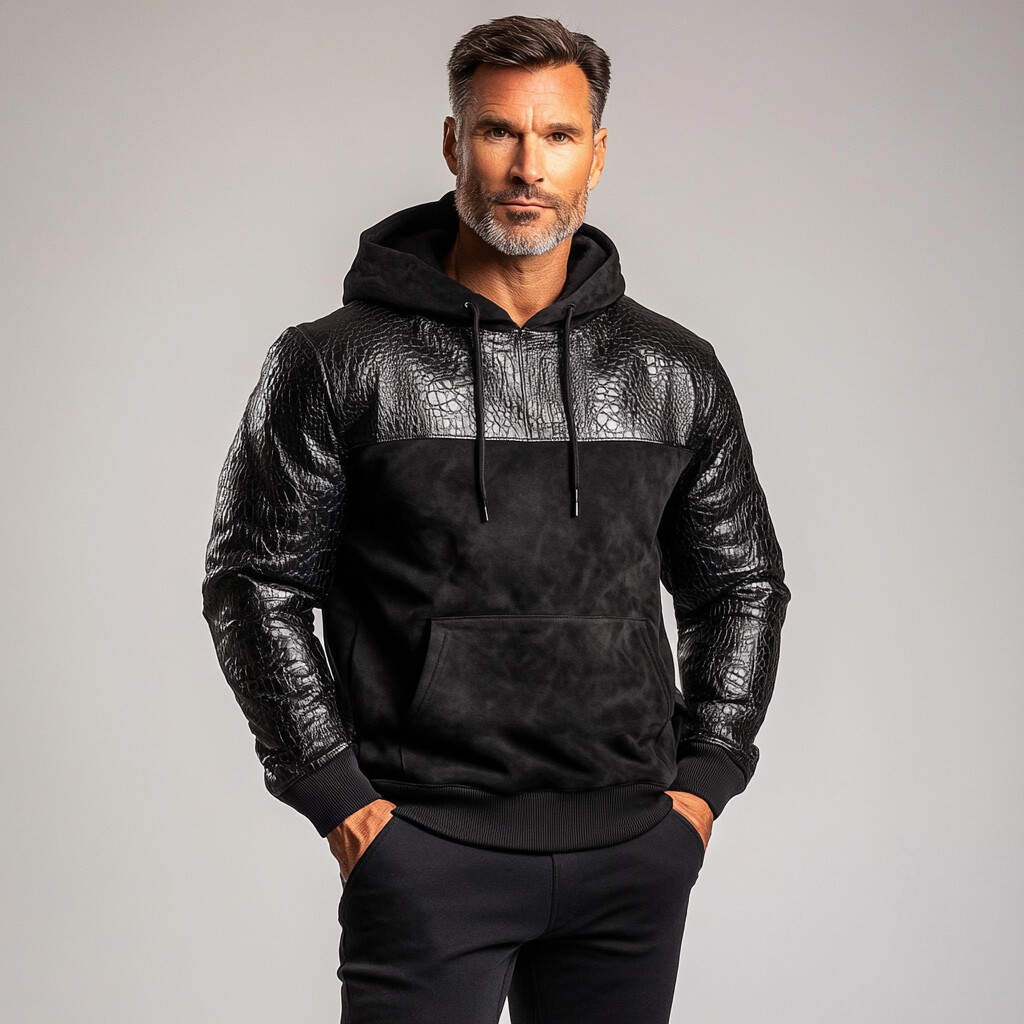 Men's PU Leather Crocodile Pattern Patchwork Suede Pocket Hoodie