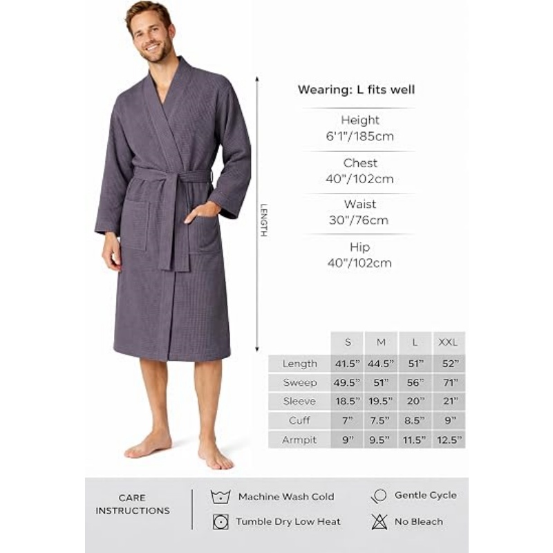 Turkish Linen Men's Waffle Bathrobe Lightweight Kimono Spa Robe