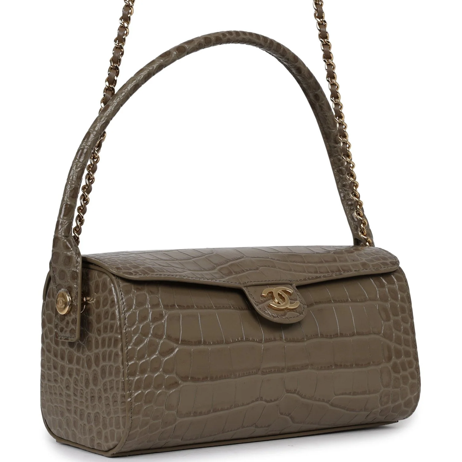 CHANEL Barrel Clutch Bag With Chain Dark Khaki Croc Embossed Calfskin Gold Hardware