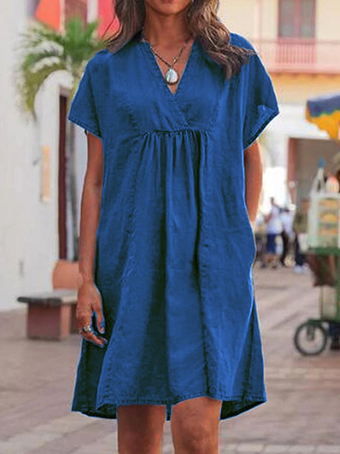 Women's Cotton Linen V Neck Loose Casual Dress