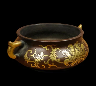 Xuande Signed Old Chinese Red Copper Handmade Incense Burner w/flower N3837