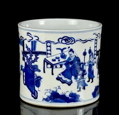 Kangxi Signed Old Rare Chinese Blue & White Porcelain Brush Pot w/figures Q363