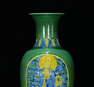 44CM Qianlong Old Chinese Three Color Vase w/Guanyin Buddha N915