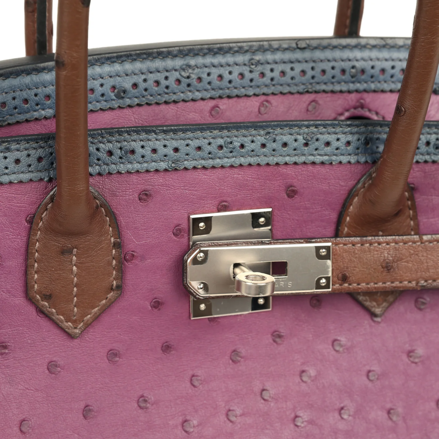 Hermes Birkin Ghillies 30 Violet, Bleu De Malte, Chocolat Ostrich Palladium Hardware