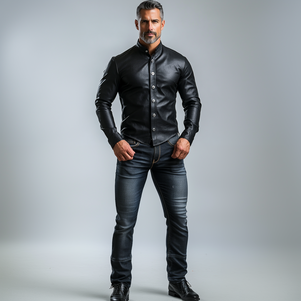 Men's Stand Collar Single Breasted PU Leather Long Sleeve Shirt