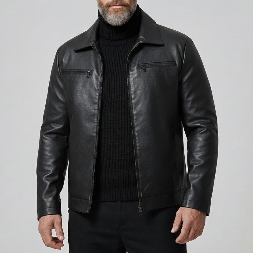 Men's Fashion PU Leather Red Shirt Collar Chest Pocket Zip Up Long Sleeve Jackets