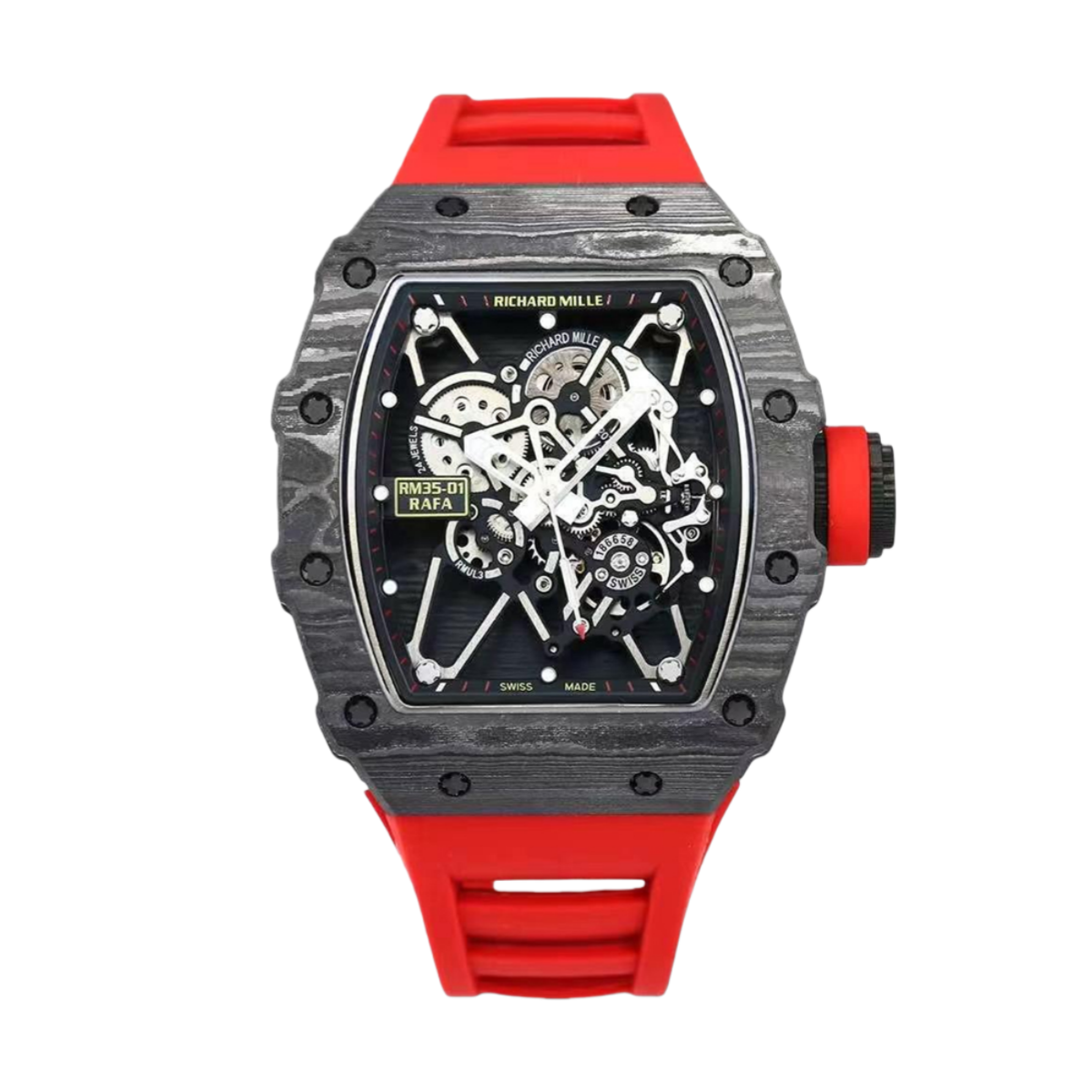 【7A Quality】Richard Mille RM35-01 Rafael Nadal Red Imitation Watches Carbon Case and Red Strap