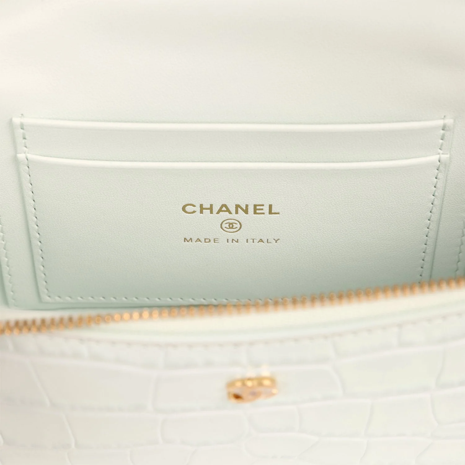 Chanel Top Handle Long Vanity Case with Chain Mint Croc Embossed Calfskin Gold Hardware
