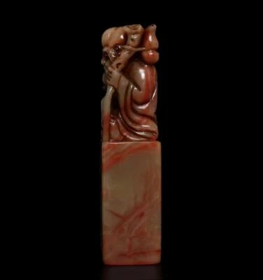 Signed Old Chinese Shoushan Stone Seal Stamp Statue w/god of longevify 272g