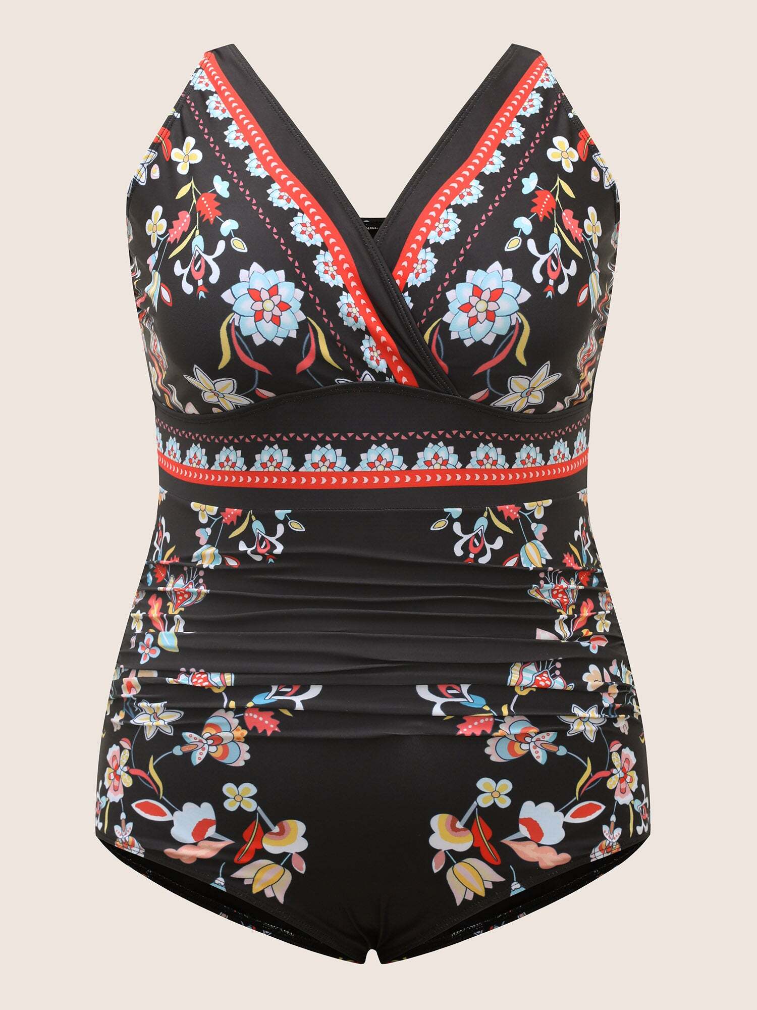 Boho Print Overlap Collar Gathered One Piece Swimsuit