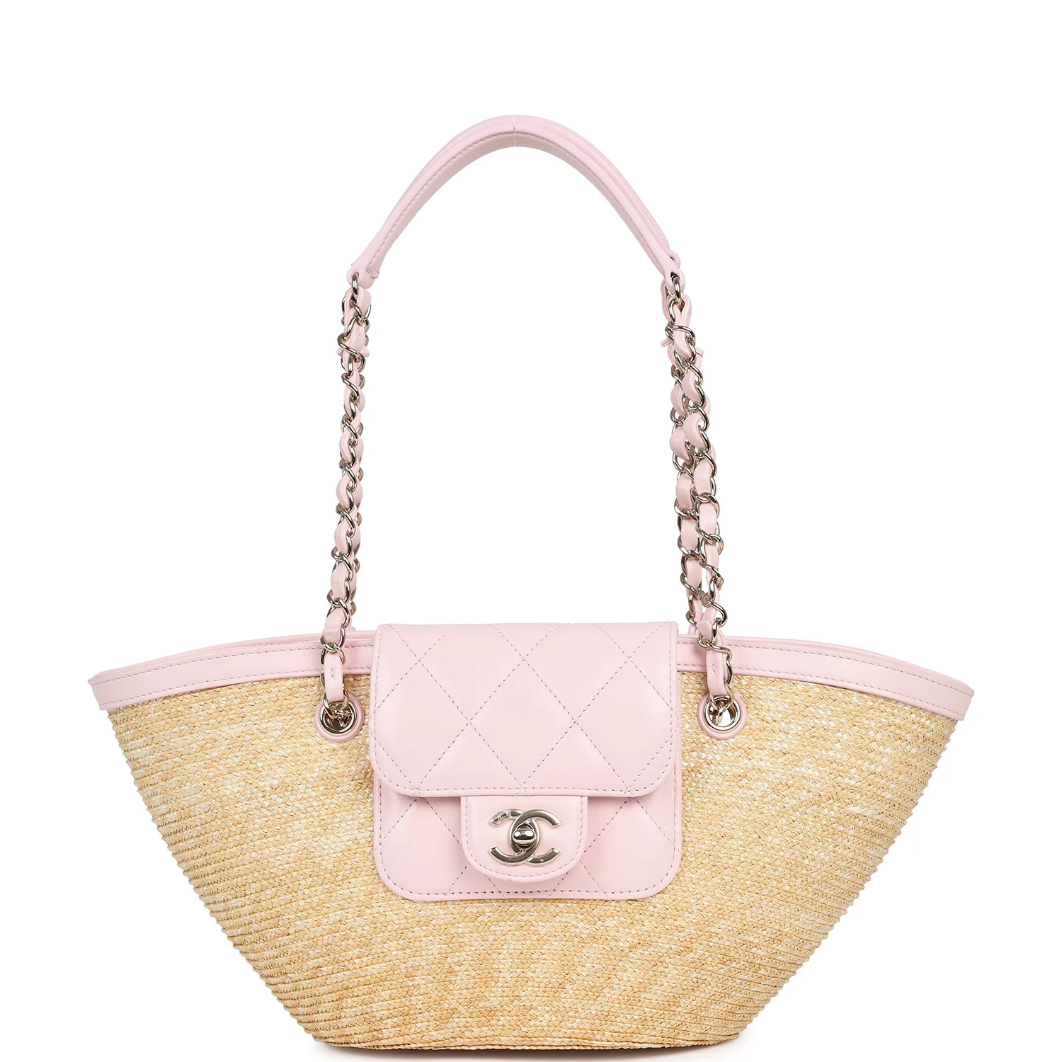 Chanel Small Shopping Tote Bag Beige Raffia and Light Pink Lambskin Light Gold Hardware