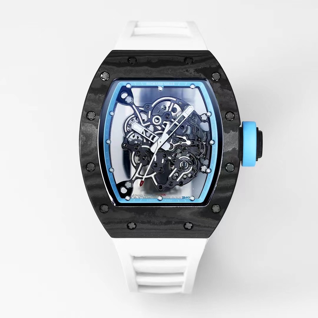 【7A Quality】Best Replica RICHARD MILLE RM 055 Skeleton Watch - Swiss Movement Super Clone, Carbon Fiber Case, Sporty White Rubber Strap